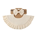 Creamy cotton gauze baby bib set with matching lace bow headband on card display - Beige (DP310-3)