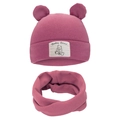 Infant knit beanie and scarf set in deep pink with bear ears and baby bear tag - Rose Red (DP248-22)