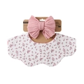 Pink knit headband with bow and floral cotton baby bib set on a display card - Pink Small Floral (DP309-2)