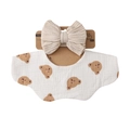 Infant bib and headband set in soft white cotton gauze with cute brown bear prints - Cartoon Bear (DP309-4)