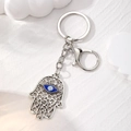 Vintage silver Hamsa hand keychain with blue evil eye pendant and lobster clasp - Silver Hollow Hamsa