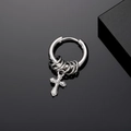 Detail shot of vintage punk silver stainless steel huggie earring with cross pendant - Cross
