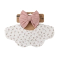 Pink knit bow headband and floral cotton baby bib set displayed on card packaging - Pink Green Floral (DP309-8)