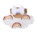 White cotton baby bib and bow headband set with colorful rainbow print and wave edge - Colorful Rainbow (DP309-10)