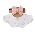 Pink floral cotton gauze baby bib and matching bow headband set on kraft card display - Pink Small Flower (DP309-12)