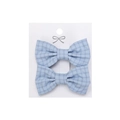 Set of two light blue plaid fabric bow hair clips for girls on white display card - Blue Gingham (PP286-6)