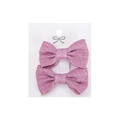 Pair of dusty rose floral fabric bow hair clips for girls with rustic linen texture - Pink Purple Linen Look (PP286-9)