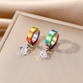 Macro shot of rainbow gradient metal hoop earrings with clear round cubic zirconia drops - Rainbow Zirconia