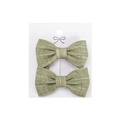 Pair of light green linen bow hair clips with white plaid pattern on display card - Light Green Gingham (PP286-15)