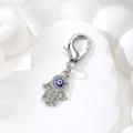 Portachiavi Mano di Fatima argentata con malocchio blu e strass bianchi brillanti - Stile Mano di Fatima con Occhio Blu Reale (AN183)