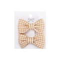 Pair of yellow and white gingham fabric bow hair clips displayed on a white card - Yellow Gingham (PP286-29)