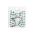 Pair of green and white gingham fabric bow hair clips for girls on display card - Green White Gingham (PP286-33)