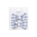 Two-piece set of blue-grey plaid cotton bow hair clips on a white display card - Blue Gray Gingham (PP286-34)