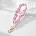 Handmade woven flower keychain with pink and beige cotton rope and gold lobster clasp - Pink White