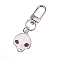 Detail of creative green UFO alien alloy keychain with silver spring clasp and red enamel - Red-Eyed Alien