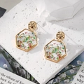Golden hexagon earrings with colorful dried flowers and hammered metal stud design - Hexagon Multicolor Floral