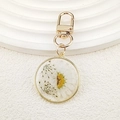 Macro shot of circular resin keychain with white daisy dried flowers and gold frame - White Half Daisy