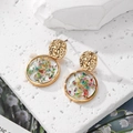 Golden round resin earrings with colorful dried flowers and textured metal studs - Round Multicolor Floral