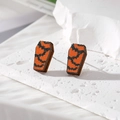Detailed view of Halloween coffin wooden earrings featuring a dark bat pattern design - Bat Coffin