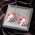 Pink glitter acrylic round unicorn earrings with colorful cartoon patterns on jewelry box - Round Pink Unicorn