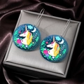 Acrylic round earrings featuring a dreamy unicorn and flower design with silver hooks - Round Dark Blue Unicorn