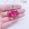 Handmade gold pendant necklace with a real pink dried rose flower inside a resin circle - June Gladiolus (Necklace)