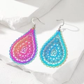 Detailed laser-cut rainbow gradient teardrop earrings with intricate mandala pattern - Hollow Teardrop