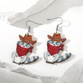 Cartoon raccoon wooden earrings with brown cowboy hat and red bandana on white stone base - Raccoon With Hat Style