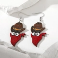 Detailed view of handmade wooden earrings featuring cute cartoon cowboy cat design patterns - Red Bandana Cowboy Style