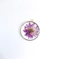 Handmade resin necklace with purple dried flower in golden round pendant - November Purple Marigold Pendant Only (Without Chain)