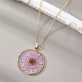 Handmade gold necklace with a round purple daisy dried flower resin pendant - November Purple Marigold (Necklace)