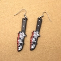 Gothic skull dagger earrings with blood splatter and white flower patterns on black blades - 3# Three Flowers Knife (D339E)