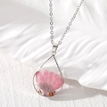 Water drop shaped resin necklace with real pink dried flowers and gold leaf foil details - Pink Chrysanthemum