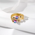 Ethnic gold spiral multi-layer ring with purple enamel Evil Eye charms for women - Purple Eye