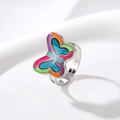 Detailed macro of a colorful enamel butterfly open ring with vibrant adjustable silver band - Butterfly Design