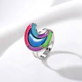 Macro shot of silver crescent moon ring with multi-color thermochromic inlay and open band - Moon Design