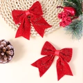 Paire de nœuds de Noël rouges floqués avec paillettes dorées pour coiffures de fête - Style Velours Pailleté (#2)