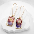 Handmade rectangular resin earrings with pink and purple dried flowers and gold leaf foil - Purple Flower