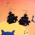 Halloween black acrylic haunted house dangle earrings with silver metal hooks for women - Haunted House (Cross Hook)