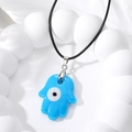 Blue Hamsa Hand and Evil Eye glass pendant necklace with a black cord strap - Sky Blue Glass Hamsa Hand