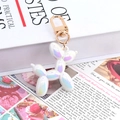 Iridescent pearl white balloon dog keychain with golden metal swivel hook pendant - Metallic White