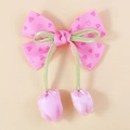 Pink bow hair clip with heart print and cute tulip pendants for girls valentines decor - Pink Love Heart