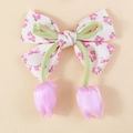 Sweet bow hair clip with floral print and pink tulip bud pendants for girls - Floral Purple Tulip