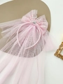 Detail of pink princess headband with crown, mesh bow and golden star sequins - Light Pink with Crown