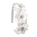 Serre-tête en satin blanc avec trois fleurs artisanales et centres en strass brillants - Blanc
