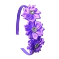 Serre-tête en satin violet fait main avec trois fleurs et des cristaux étincelants - Violet