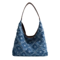 Borsa tote in denim blu con stampa a stelle vintage e bordi sfrangiati per ufficio - Azzurro