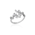 Close-up of adjustable leaf ring in silver finish with sparkling marquise zircon stones - Silver Leaf Vine With Zirconia (P3014406)