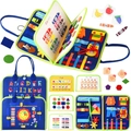 Deep blue felt dinosaur montessori busy board for toddler basic life skills and alphabet - Clock Alphabet Learning Board / 24*28