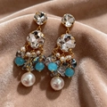 2604057 Super Sparkling Blue Crystal Pearl Tassel Earrings